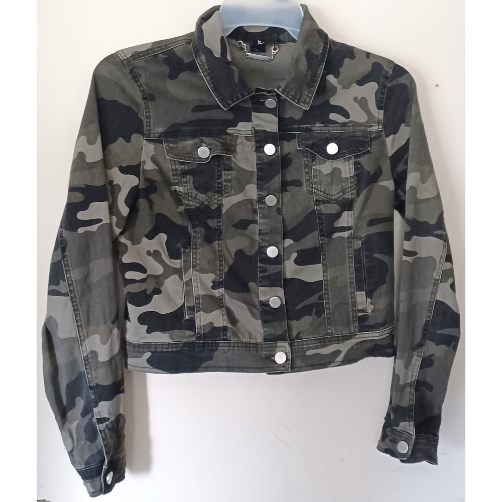 Windsor Camo Denim Jacket Women Medium Green Camouflage Trucker Stretch Edgy